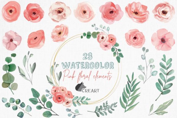 Pink Flowers and Green Branches Clip Art for Design