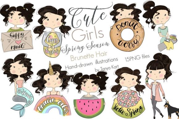 Spring Style: Cute Brunette Girl Illustrations